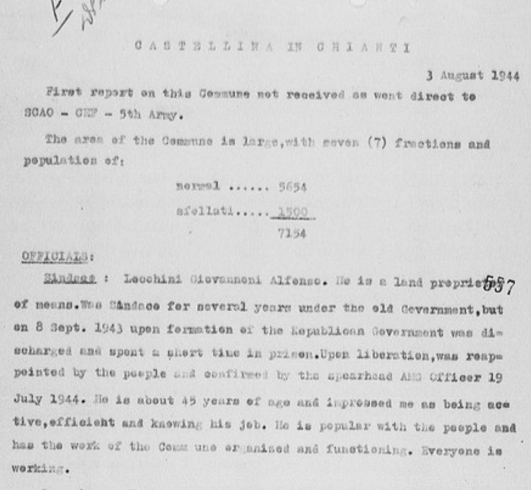 La “valutazione” degli Alleati sul Comune di Castellina nel 1944