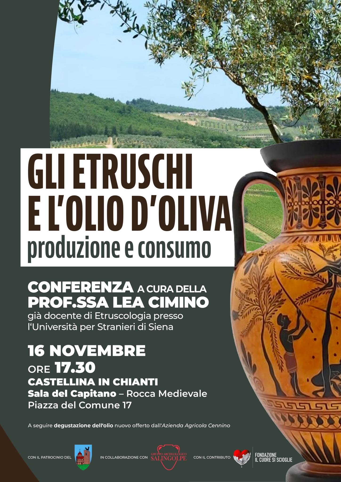 La locandina della conferenza “Gli Etruschi e l’olio d’oliva: produzione e consumo”, Castellina in Chianti, 16 novembre 2025.