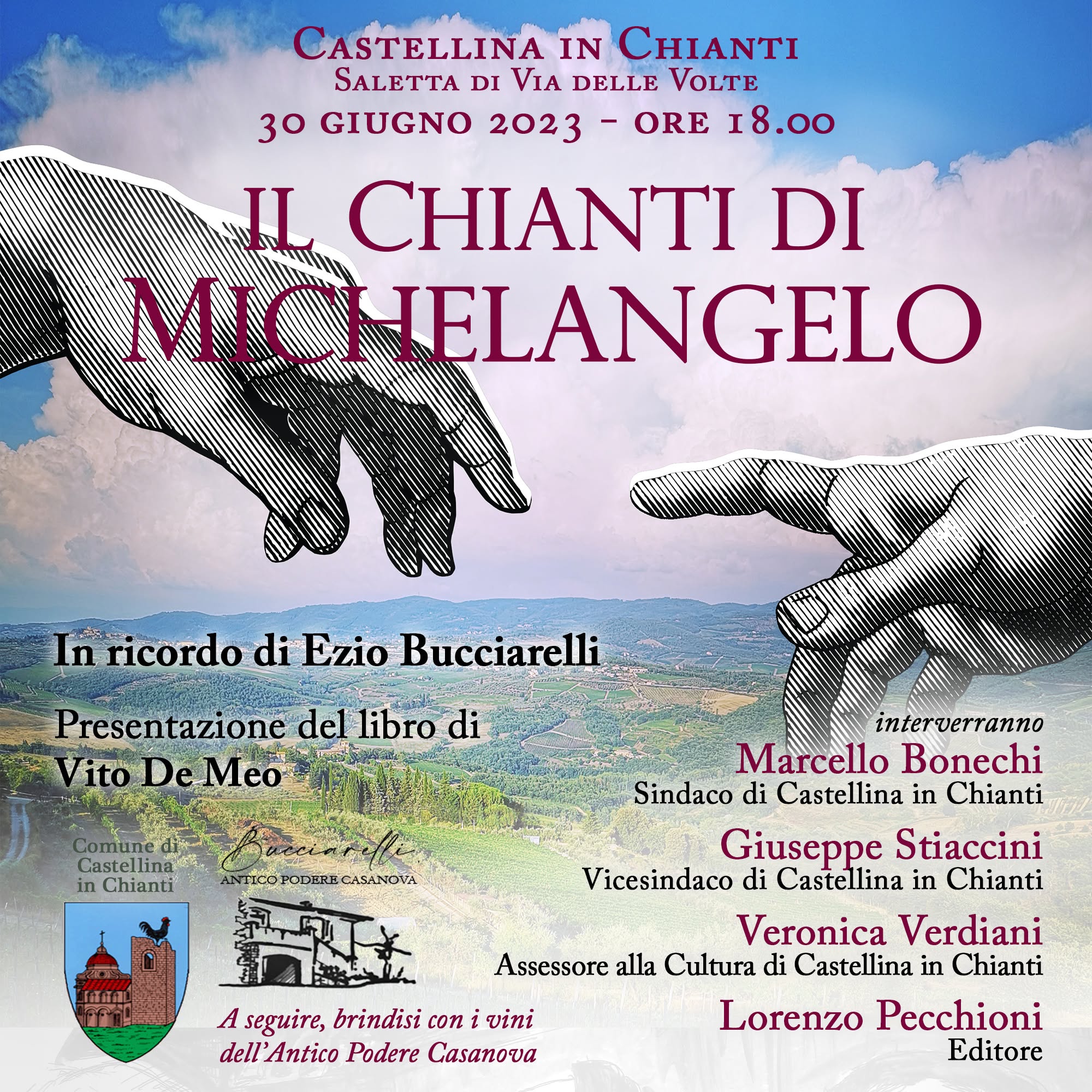 La locandina dell’incontro del 30 giugno 2023. Il Chianti di Michelangelo, Castellina 2023, locandina.