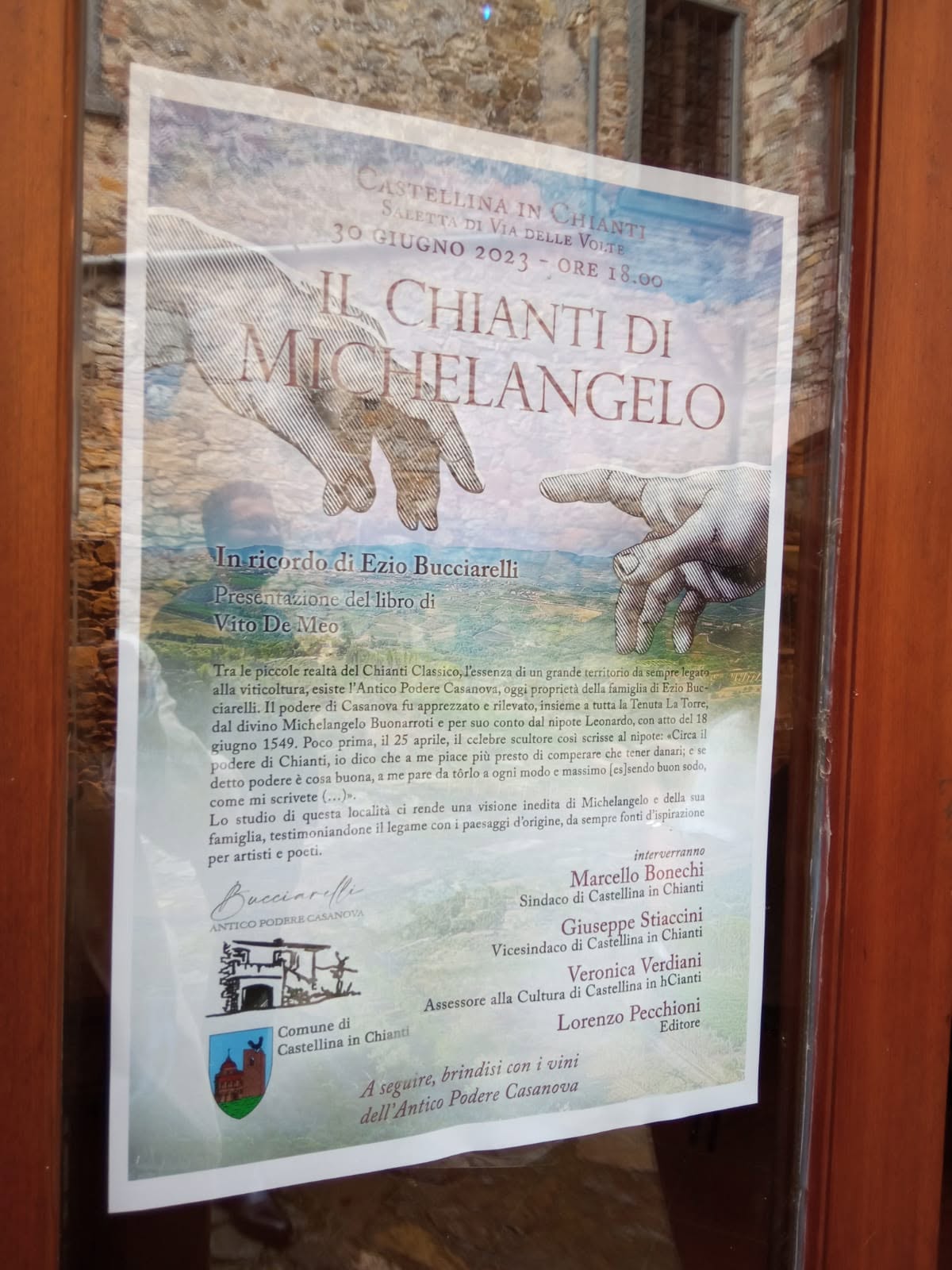 La locandina del volume esposta all’ingresso dell’incontro. Il Chianti di Michelangelo, Castellina 2023.