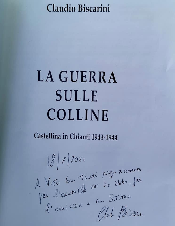 Una copia del volume La guerra sulle colline con dedica. La guerra sulle colline, Castellina 2021.